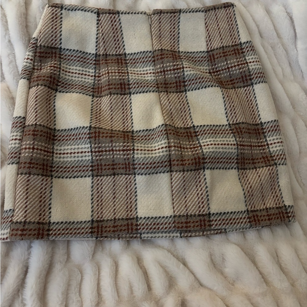 Cream and Brown Pleated Mini Pencil Skirt
